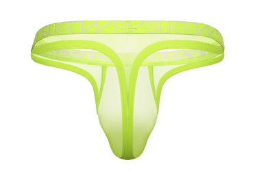 Elegant display of Sukrew Men's Sheer Low-Rise Thong in Acid Yellow, featuring super low-rise design and unlined stretch for a flawless fit. Perfect luxury men's thong.